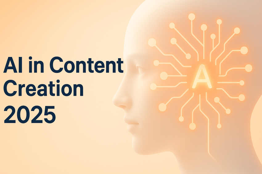 تصویر مفهومی از هوش مصنوعی در تولید محتوا، با چهره‌ای مینیمال و نورپردازی دیجیتال، نشان‌دهنده اتصال الگوریتم‌های هوشمند در سال ۲۰۲۵