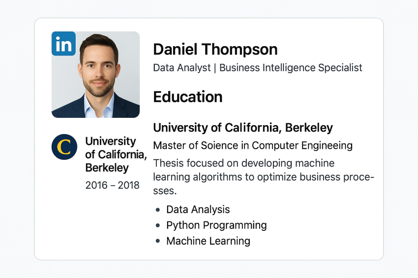 پروفایل لینکدین با مدرک تحصیلی در لینکدین و فعالیت‌های دانشگاهی