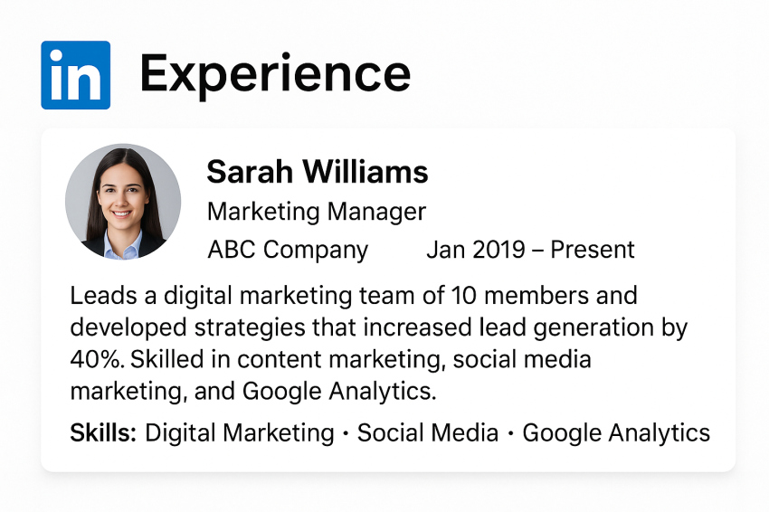 نمونه قسمت تجربه‌های کاری لینکدین تکمیل‌شده به‌صورت حرفه‌ای با تصویر پروفایل، عنوان شغلی و مهارت‌ها