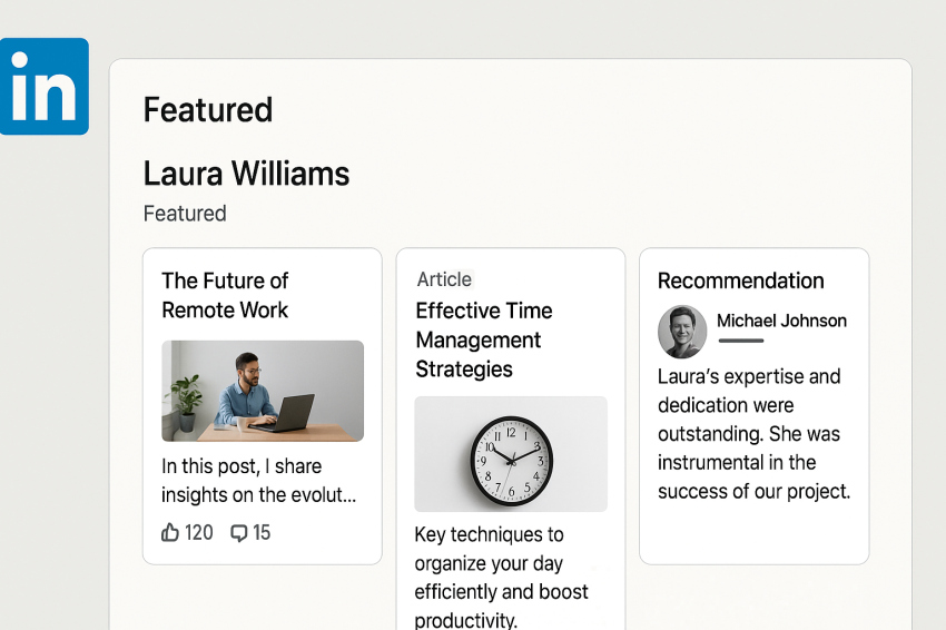 نمایی از بخش ویژه لینکدین یک کاربر حرفه‌ای با نمایش پست، مقاله و توصیه‌نامه در پروفایل شخصی
