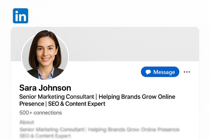 تصویر پروفایل یک خانم در لینکدین با ظاهر حرفه‌ای که تمرکز اصلی روی هدلاین کامل و تاثیرگذار او است.