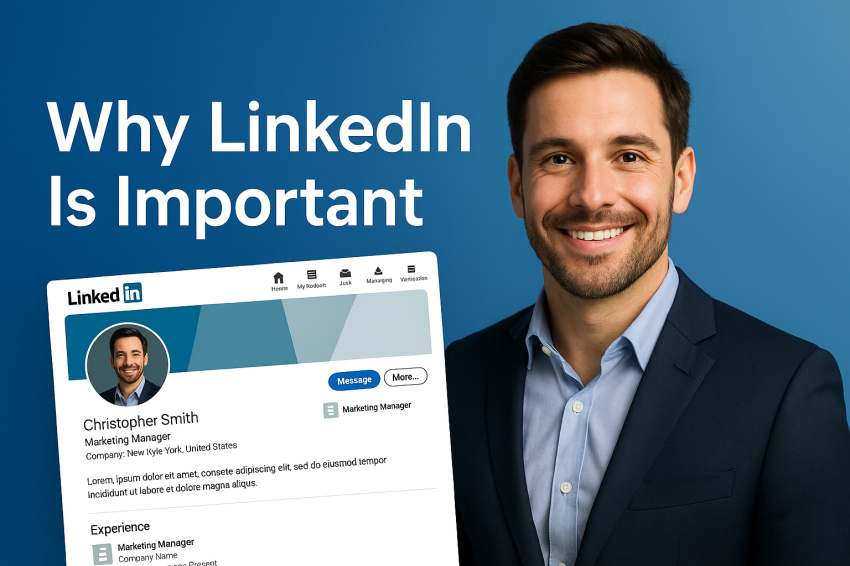 تصویر حرفه‌ای مردی با پروفایل لینکدین که اهمیت لینکدین را برای برندسازی شخصی، شبکه‌سازی کاری و جذب فرصت‌های شغلی نمایش می‌دهد