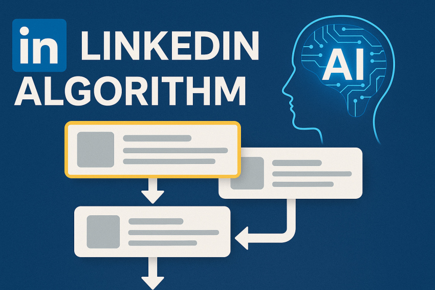 نمای گرافیکی از الگوریتم لینکدین در سال ۲۰۲۵ با استفاده از هوش مصنوعی، شامل فرآیند رتبه‌بندی پست‌ها و نمایش لوگوی لینکدین