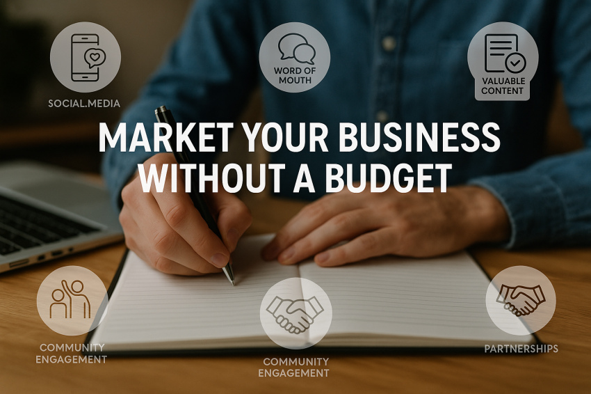 تصویر واقعی از برنامه‌ریزی بازاریابی بدون بودجه؛ فردی در حال نوشتن در دفترچه یادداشت در کنار لپ‌تاپ، همراه با آیکون‌هایی از شبکه‌های اجتماعی، بازاریابی دهان‌به‌دهان و تولید محتوای کم‌هزینه.
