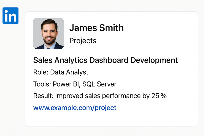 نمایی از بخش پروژه‌ها در پروفایل لینکدین با عکس حرفه‌ای یک فرد، شامل عنوان پروژه، نقش، ابزارهای استفاده‌شده و نتیجه پروژه به‌صورت کامل و ساختاریافته.