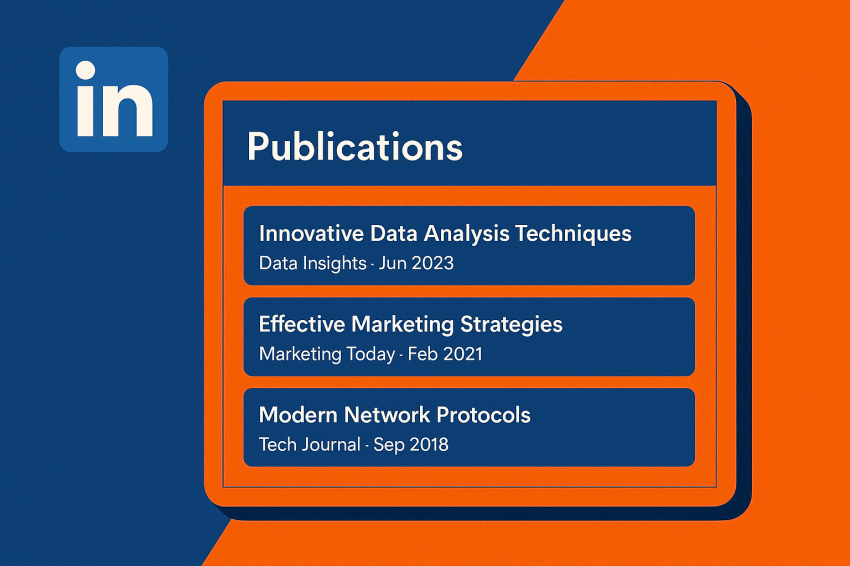 تصویر گرافیکی از بخش Publications در پروفایل لینکدین که سه نمونه مقاله حرفه‌ای منتشرشده را در قالبی مشابه طراحی خود لینکدین نمایش می‌دهد.