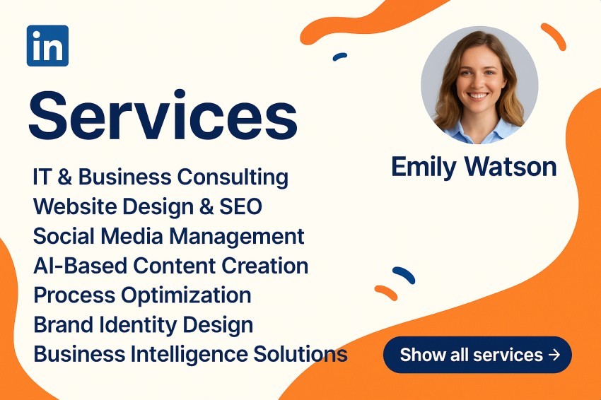 تصویر گرافیکی از یک پروفایل حرفه‌ای لینکدین با نمایش بخش سرویس‌ها در طراحی مدرن با رنگ‌های نارنجی و سرمه‌ای