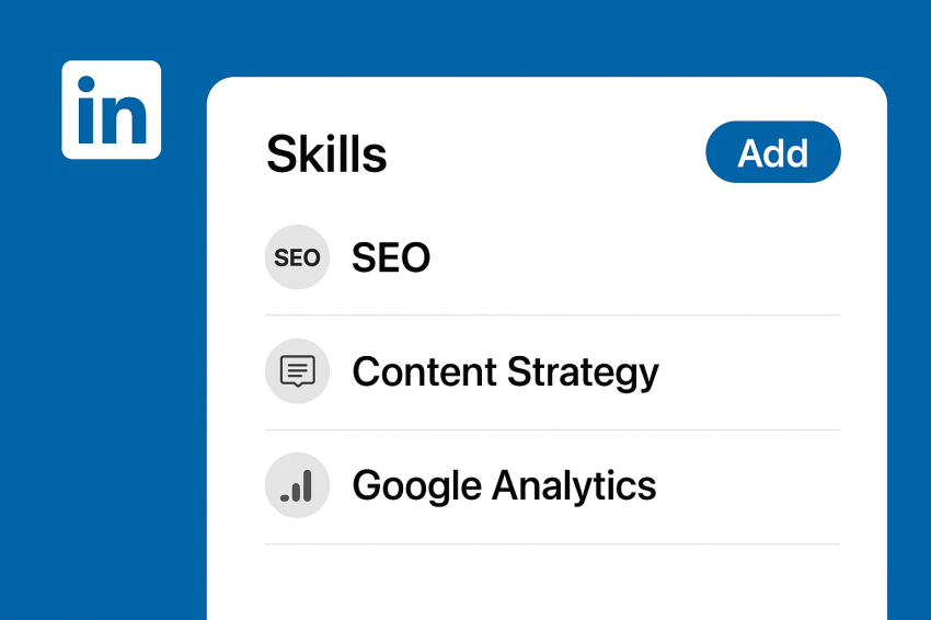 نمایی حرفه‌ای از بخش Skills پروفایل لینکدین شامل مهارت‌های تاییدشده مانند SEO، بازاریابی محتوایی و بازاریابی شبکه‌های اجتماعی با تعداد ایندورس‌های مشخص، در طراحی رسمی و مینیمال