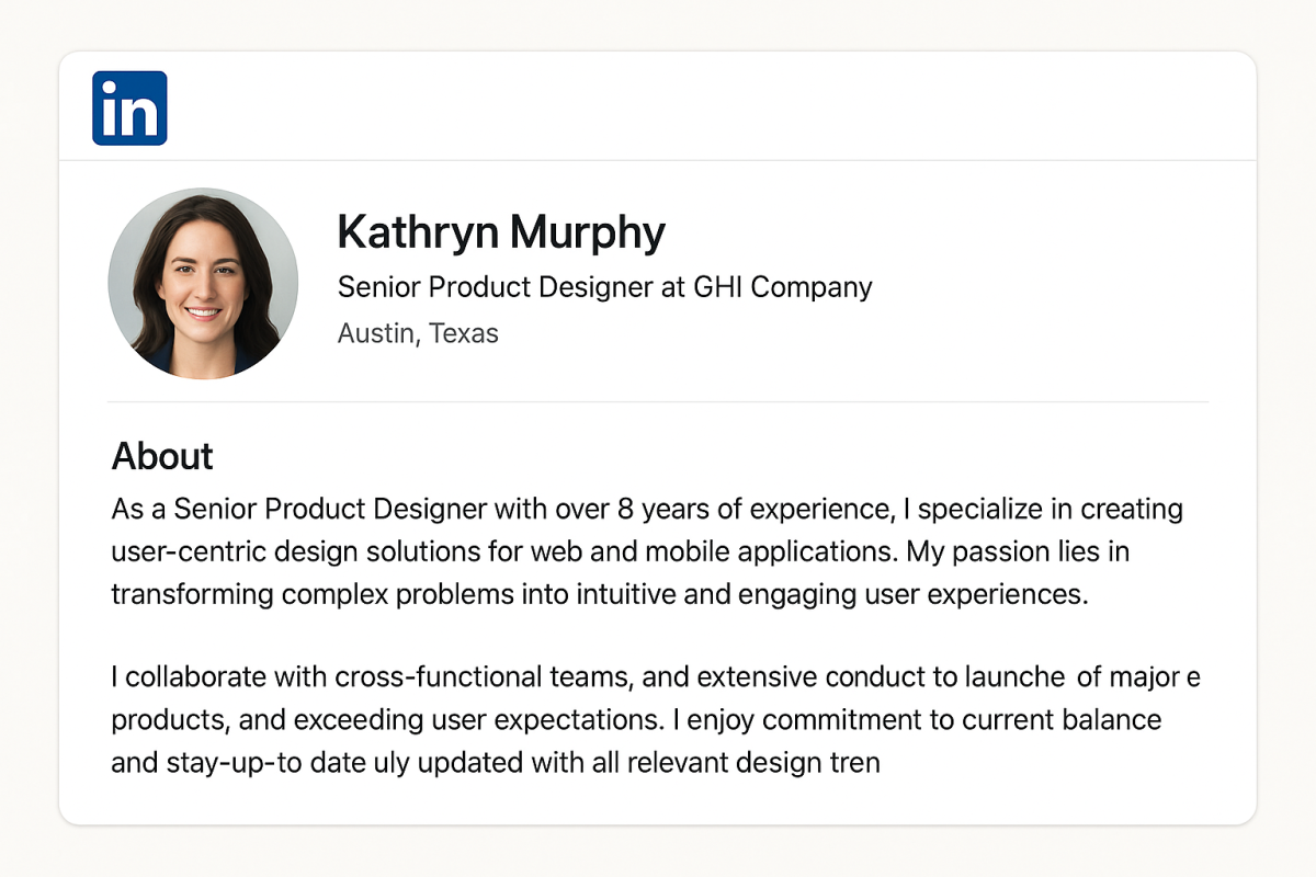 قسمت درباره لینکدین یک پروفایل حرفه‌ای با متن کامل‌شده و توضیحات تخصصی