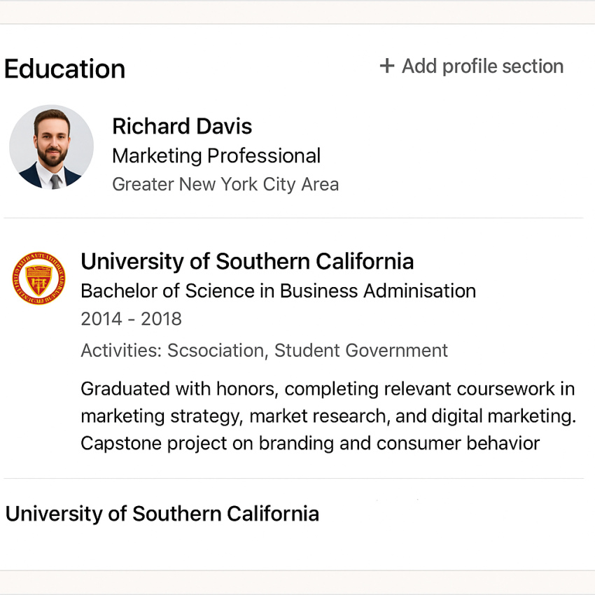 نمونه پروفایل لینکدین با مدرک تحصیلی در لینکدین و سوابق کامل‌شده