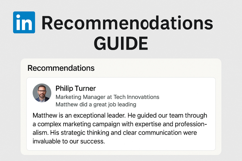 تصویر یک توصیه‌نامه حرفه‌ای در لینکدین با طراحی رسمی، شامل نظر دقیق و مثبت Philip Turner درباره عملکرد و رهبری همکارش، با لوگوی لینکدین در گوشه بالا سمت چپ