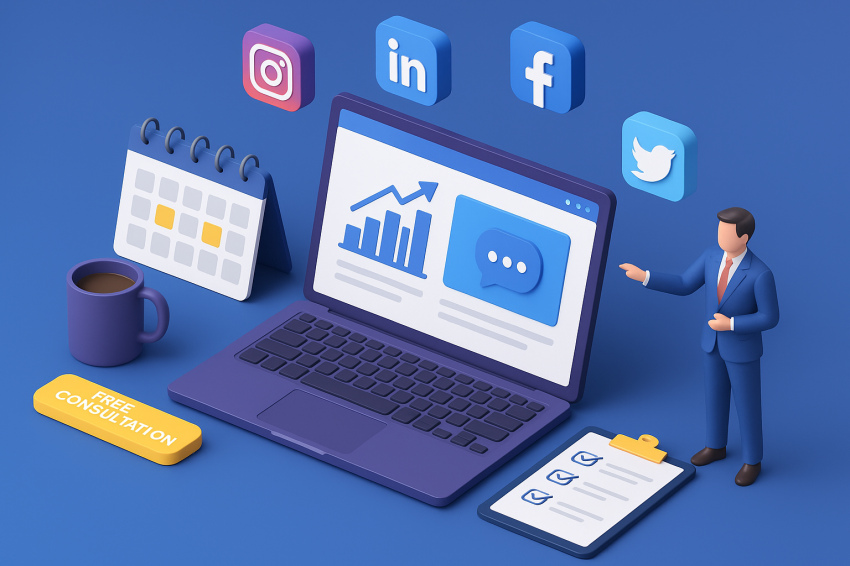 مدیریت شبکه‌های اجتماعی با لپ‌تاپ، تقویم محتوایی و آیکون‌های اینستاگرام، لینکدین، فیس‌بوک و توییتر در سبک سه‌بعدی
