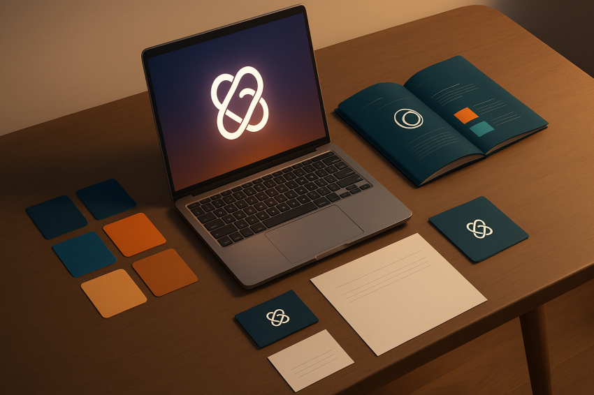 کاور سه‌بعدی طراحی هویت برند با لوگو، پالت رنگ و کارت ویزیت