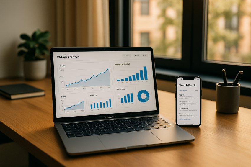 میز کار مدرن با لپ‌تاپی که داشبورد تحلیل وب‌سایت را با نمودارهای رو به رشد نمایش می‌دهد و گوشی هوشمندی که نتایج جستجوی گوگل را در رتبه اول نشان می‌دهد، نماد افزایش رتبه سایت در سئو.