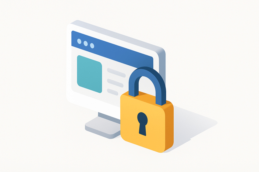 افزایش امنیت سایت با نماد قفل سه‌بعدی و مانیتور وب برای محافظت از داده‌ها