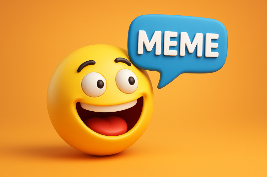 میم چیست - تصویر سه‌بعدی ایموجی خندان با کلمه MEME به عنوان نمونه میم اینترنتی