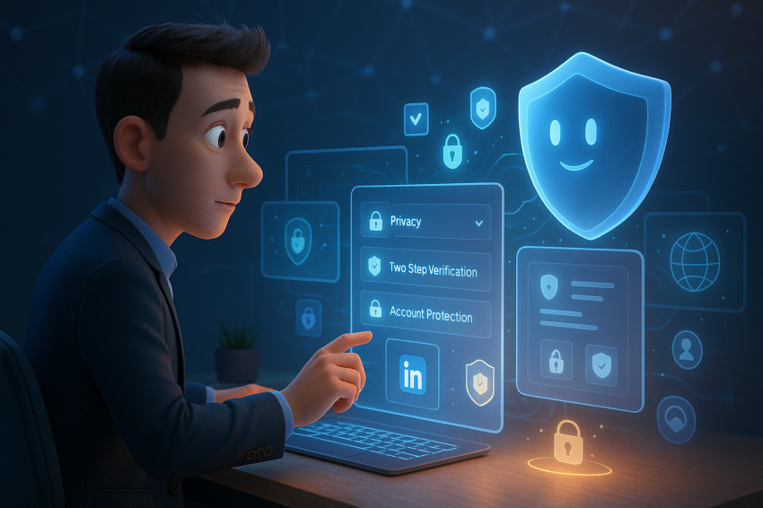 نمایی از تنظیمات امنیتی و حریم خصوصی لینکدین شامل فعال‌سازی احراز هویت دو مرحله‌ای، کنترل نمایش اطلاعات پروفایل و مدیریت اعلان‌ها برای افزایش امنیت حساب کاربری.